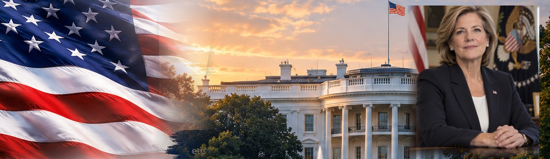 President Susan Whitfield with the American flag and White House at sunset